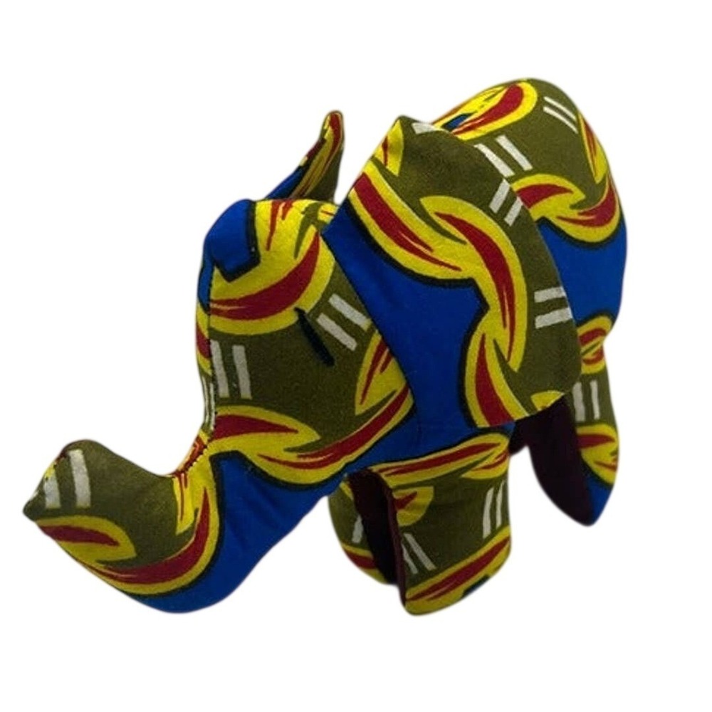 African Wax Print Elephant Plush Ankara Fabric Stuffed Animal Blue Yellow Green